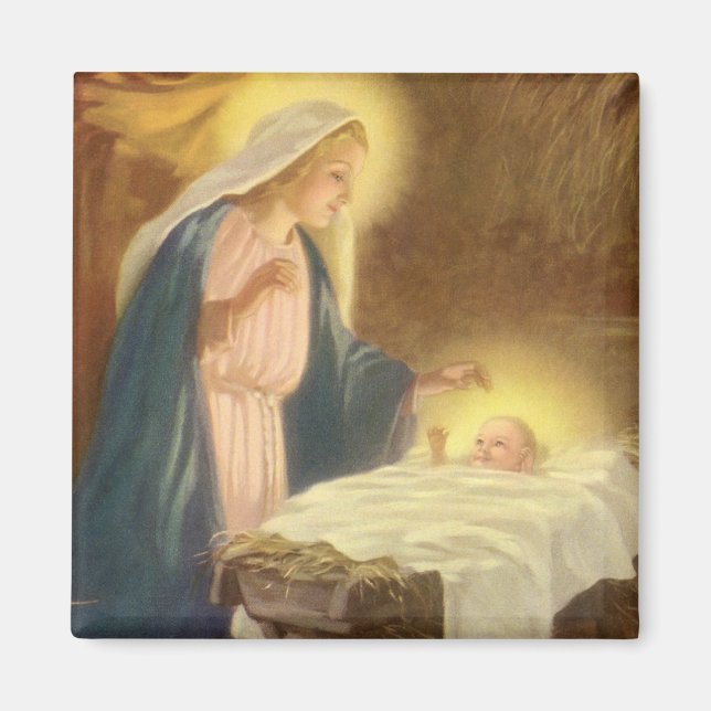 Imán Natividad navideña vintage, Mary Joseph Baby Jesus (Frente)