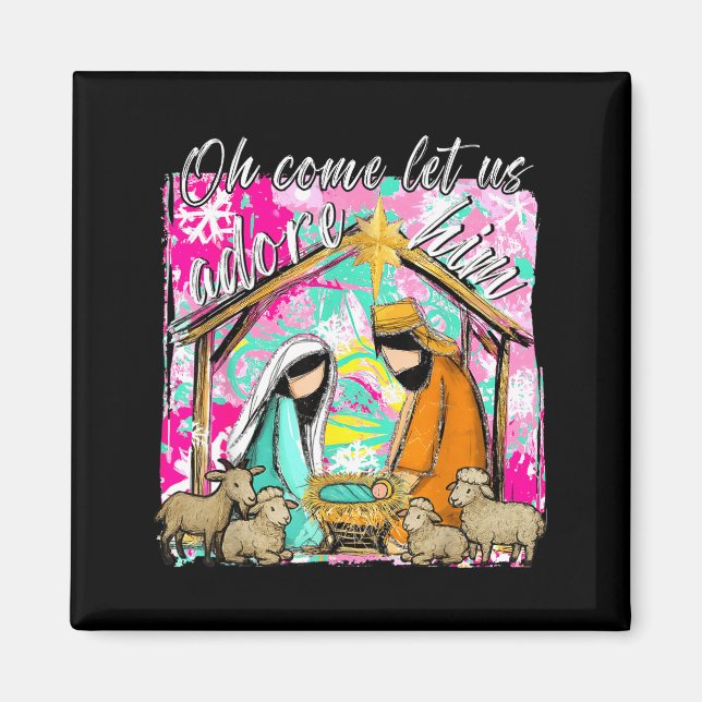 Imán Nativity Scene Oh Come Let Us Adore Him Christmas  (Frente)