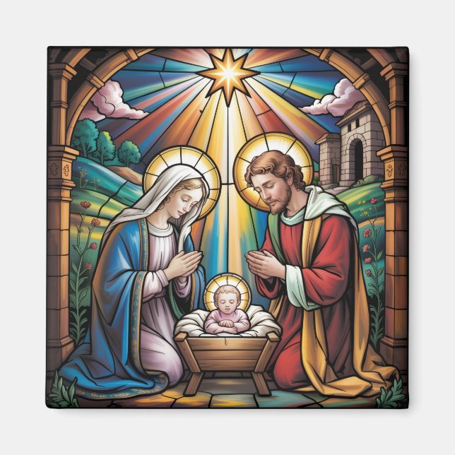 Imán Nativity Stained Glass Art – Holy Family Christmas (Frente)