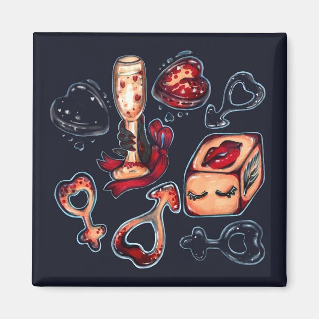 Imán Naughty Dice & Champagne Adult Humor Dark Romance  (Frente)