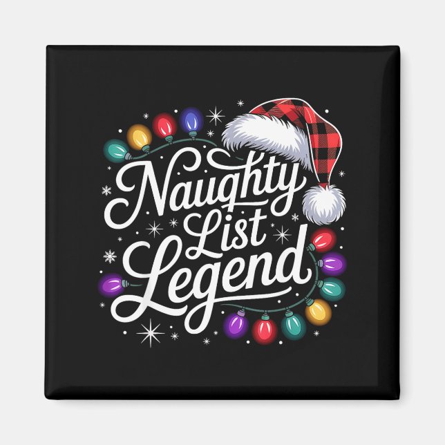Imán Naughty List Legend Xmas Lights Buffalo Plaid Red  (Frente)