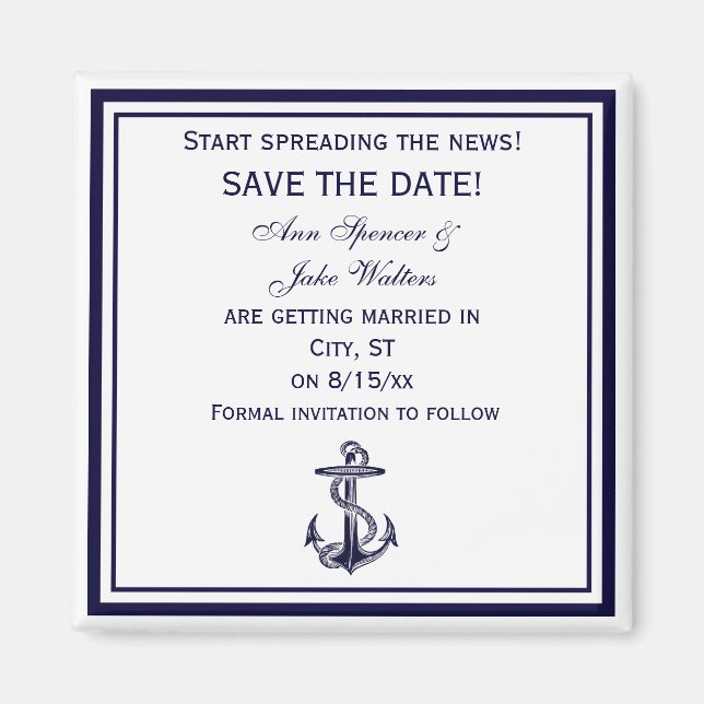 Imán Nautical Anchor Blue Framed 2 Save the Date (Frente)
