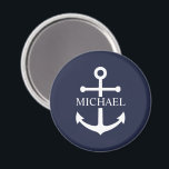 Imán Nautical Navy Blue Anchor Nombre Personalizado<br><div class="desc">Este regalo personalizado presenta un diseño de ancla blanca con un nombre personalizado en una fuente serif blanca clásica sobre fondo azul marino. Una cuidadosa idea de regalo náutico para la decoración de una casa de playa, regalo de padre para papá, gracias a los padrinos, o un regalo único para...</div>