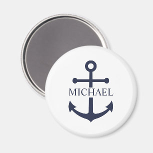 Imán Nautical Navy Blue Anchor Nombre Personalizado