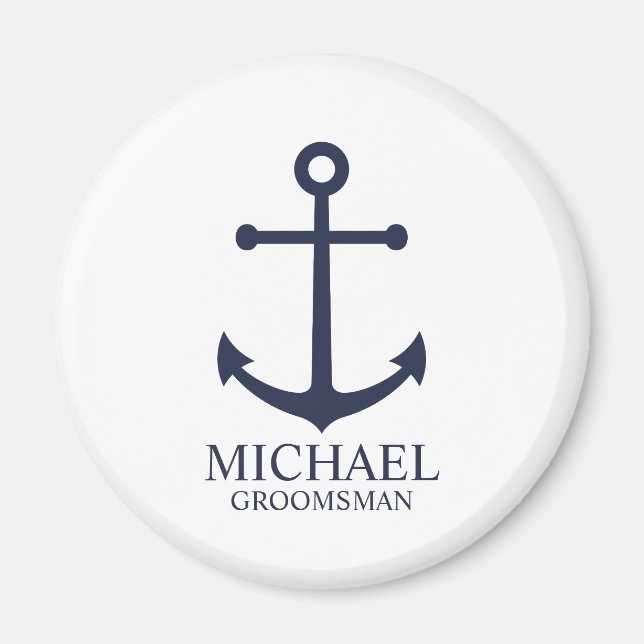 Imán Nautical Navy Blue Anchor Personalizado Groomsmen (Frente)