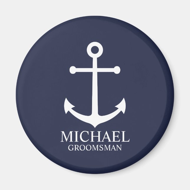 Imán Nautical Navy Blue Anchor Personalizado Groomsmen (Frente)