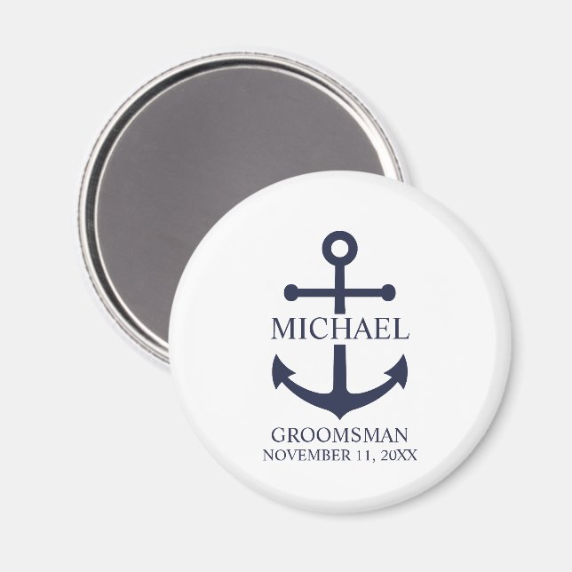 Imán Nautical Navy Blue Anchor Personalizado Groomsmen (Anverso/Reverso)