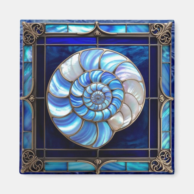 Imán Nautilus Shell in Blue Stained-Glass Look (Frente)