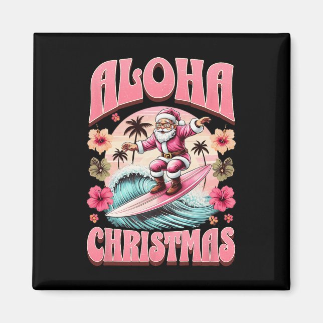 Imán Navidad Aloha Santa Claus Surfing Mele Hawaiano (Frente)