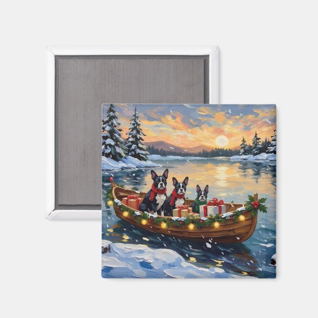Imán Navidad con barco de Boston Terrier (Anverso/Reverso)
