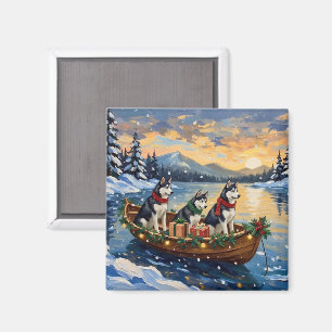 Imán Navidad con barco de Husky Siberiano