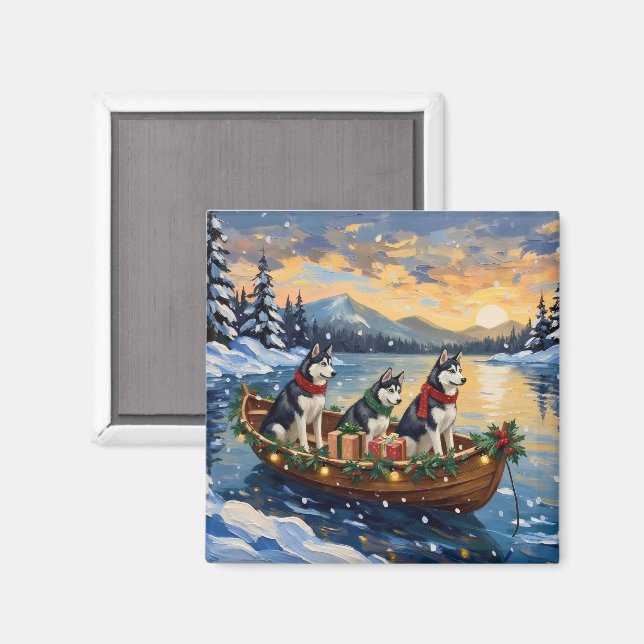 Imán Navidad con barco de Husky Siberiano (Anverso/Reverso)