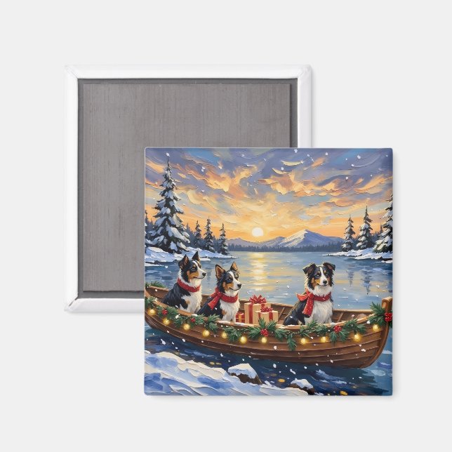 Imán Navidad de Border Collie en Barco (Anverso/Reverso)