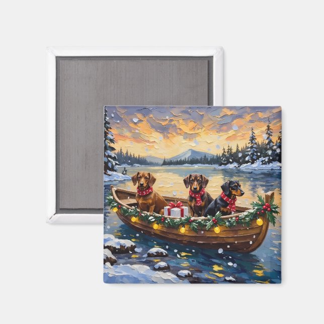 Imán Navidad de Dachshund en Barco (Anverso/Reverso)