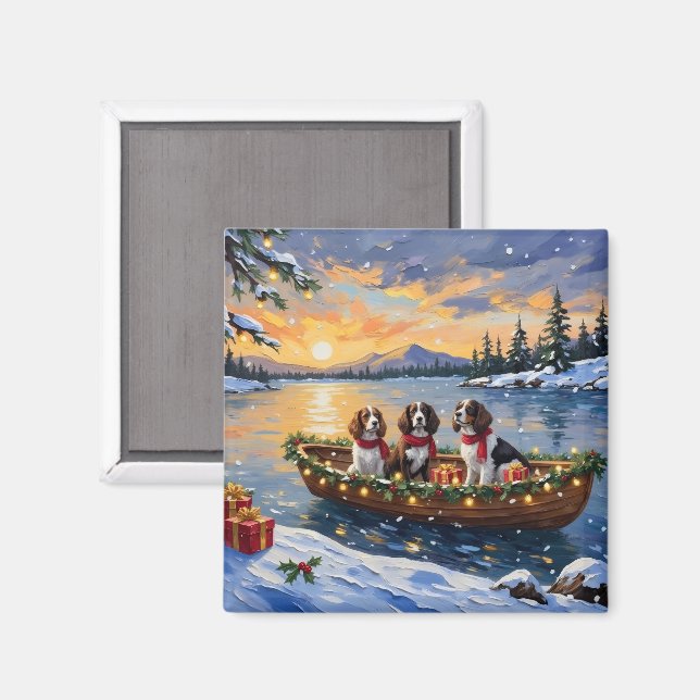 Imán Navidad en Barco con Brittany Spaniel (Anverso/Reverso)