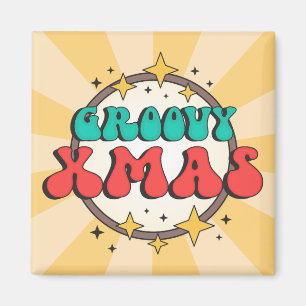 Imán Navidad Groovy texto retro de estrellas de dibujos
