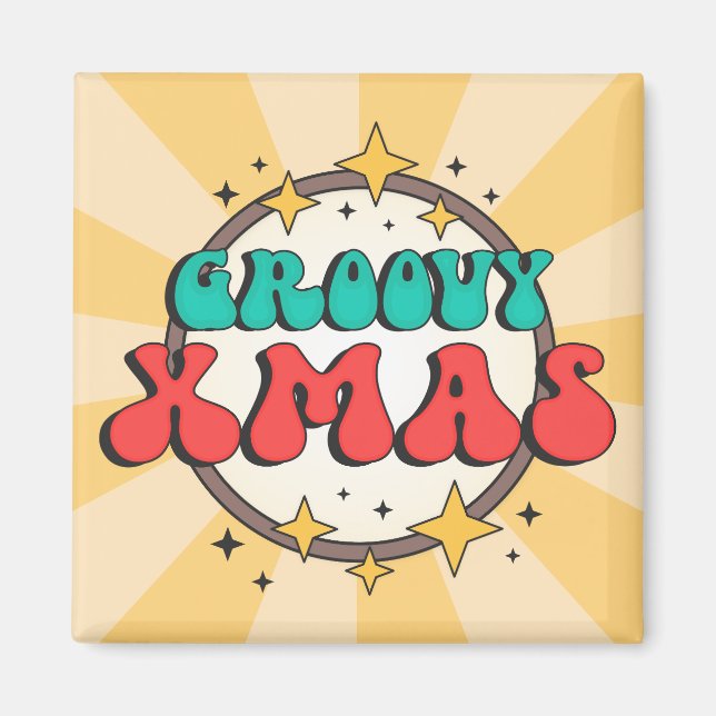 Imán Navidad Groovy texto retro de estrellas de dibujos (Frente)