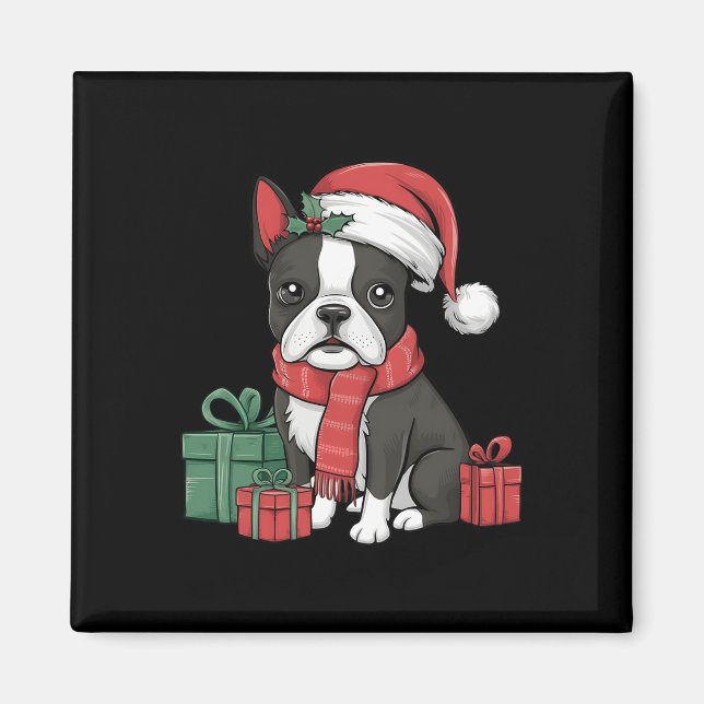 Imán Navidad navideña Santa Hat Boston Terrier Dog Chri (Frente)