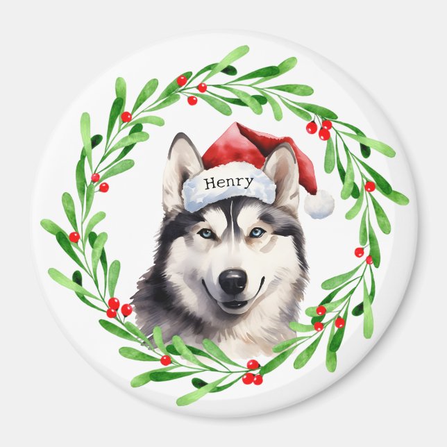 Imán Navidad Perro Siberian Husky Santa Hat vacaciones (Frente)