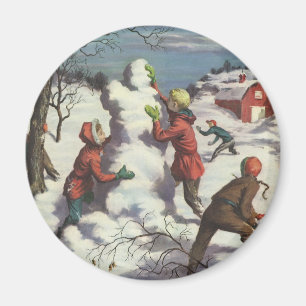 Imán Navidad Retro, Niños Pelea de Bolas de Nieve