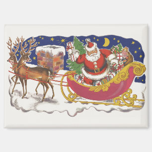Imán Navidad Vintage, alegre Santa Claus con trineo