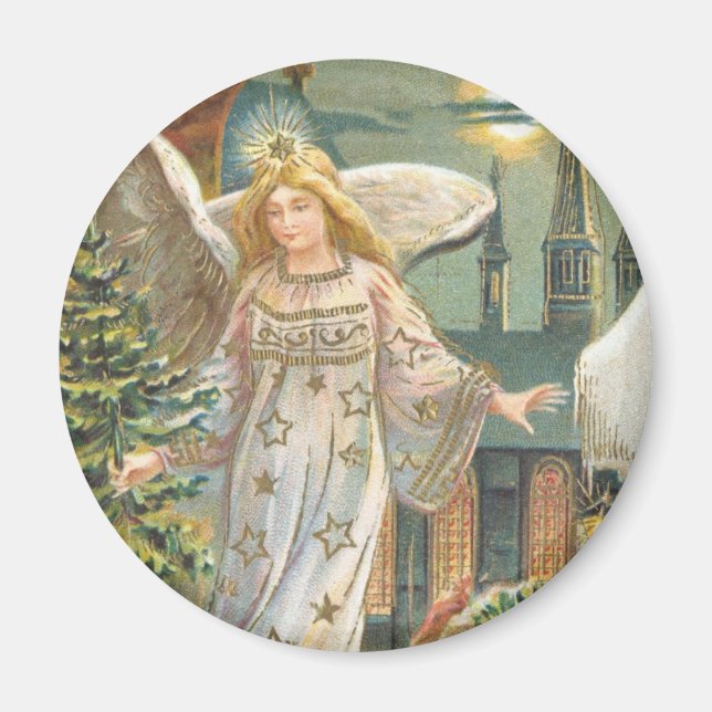 Imán Navidad vintage, Ángel victoriano con árbol (Frente)