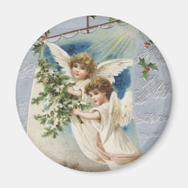 Imán Navidad vintage, ángeles victorianos en velero (Frente)