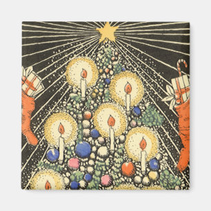 Imán Navidad vintage, árbol con velas y una estrella