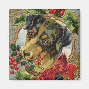 Imán Navidad Vintage, Cachorro Dachshund con Acebo