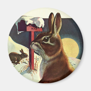 Imán Navidad vintage, conejos en un prado de nieve en i