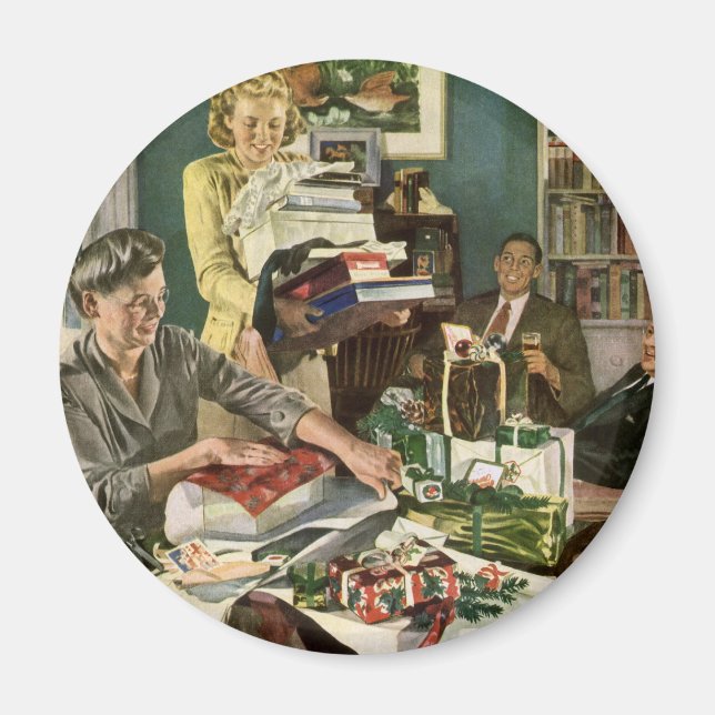 Imán Navidad vintage, Feliz Regalos Familiares (Frente)