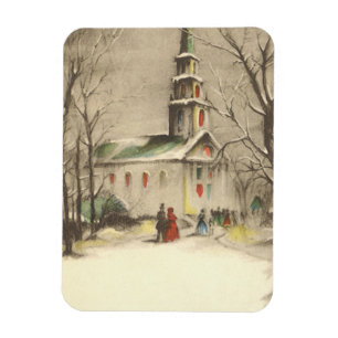 Imán Navidad Vintage, Iglesia en paisaje invernal nevad