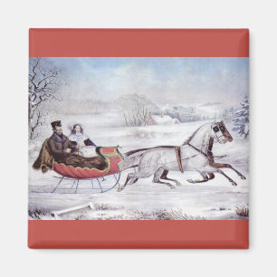 Imán Navidad Vintage, Invierno Camino, Caballo Sleigh