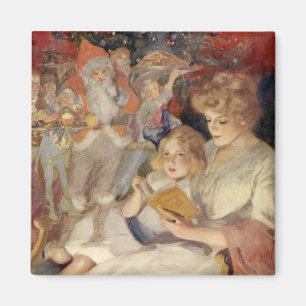 Imán Navidad Vintage, Madre Leyendo Cuento de Dormir