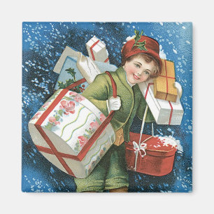 Imán Navidad Vintage, Niña con Regalos en Nieve Inverna