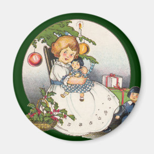 Imán Navidad Vintage, Niña Feliz Jugando con Muñecas