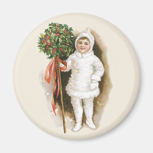 Imán Navidad Vintage, niña victoriana con acebo