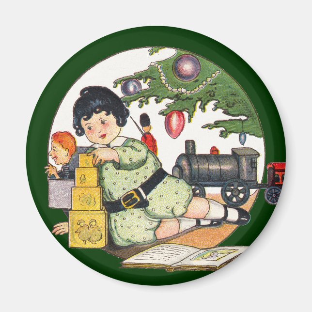 Imán Navidad vintage, niño feliz jugando con juguetes (Frente)
