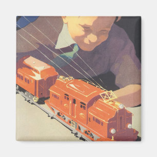 Imán Navidad vintage, niño jugando con juguetes