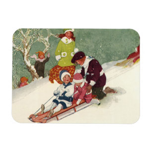 Imán Navidad vintage, niños descansando en la nieve