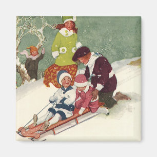 Imán Navidad Vintage, niños deslizándose en la nieve