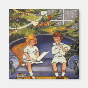 Imán Navidad vintage, niños sentados en un sofá