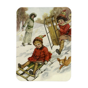 Imán Navidad Vintage, niños victorianos en trineo con p