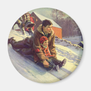 Imán Navidad Vintage, Padre e Hija en Trineo