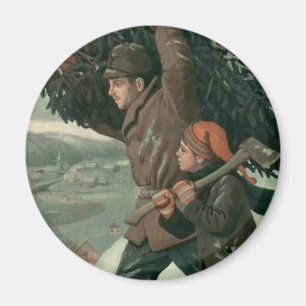 Imán Navidad vintage, padre e hijo cortan un árbol