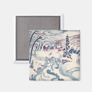 Imán Navidad Vintage, paisaje nevado con pueblo inverna