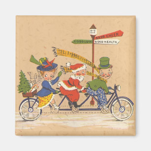 Imán Navidad vintage, Papá Noel montando una bicicleta