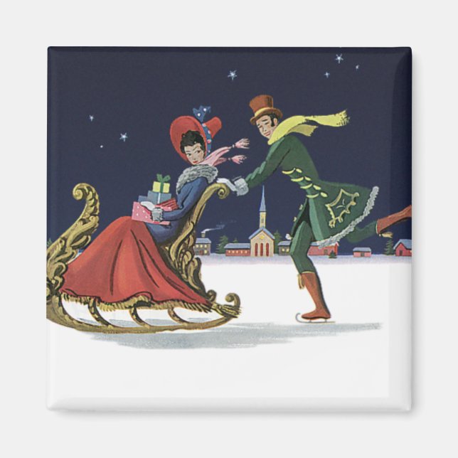 Imán Navidad vintage, pareja enamorada patinando hielo (Frente)