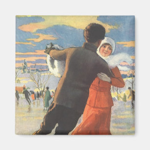Imán Navidad Vintage, Pareja Romántica Patinando sobre
