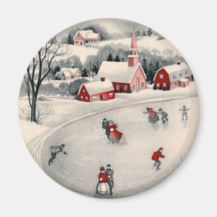 Imán Navidad vintage, patinadores de hielo victorianos 